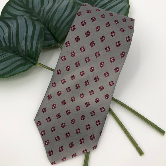 Vintage Yves Saint Laurent Neckwear Red Gray Diamond Geometric Silk Neck Tie - Picture 1 of 5
